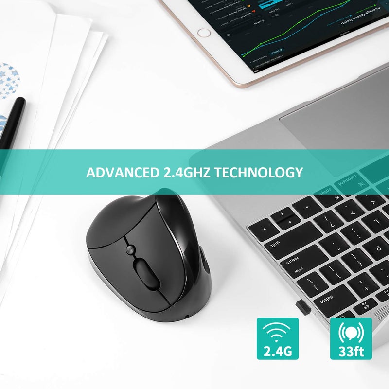 AURTEC Vertical Mouse, Rechargeable 2.4G Wireless Ergonomic Mice with USB Receiver, 6 Buttons and 3 Adjustable DPI 800/1200/1600, Black - Image 3